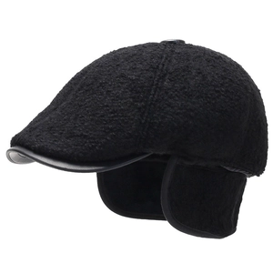 Winter men's flat cap in black sherpa fleece with ear flaps and leather trim brim