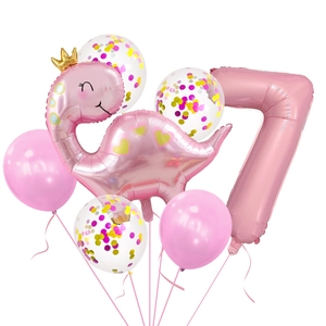Pink crown dinosaur balloon set with number seven for girl birthday party decor