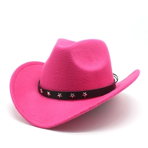 Hot pink western cowboy felt hat with black leather belt and silver star studs