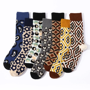 Set of 7 men's vintage cotton mid-calf socks with plaid and geometric patterns