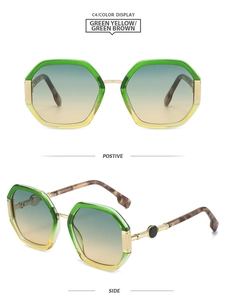 Detail view of octagon gradient sunglasses showing tortoiseshell arms and golden accents
