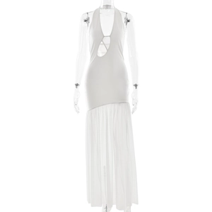 Robe longue blanche dos nu avec détails ajourés sexy et jupe en tulle transparent