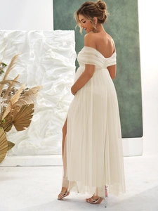 Elegant white off-shoulder maternity mesh dress with side slit and pleated detailing