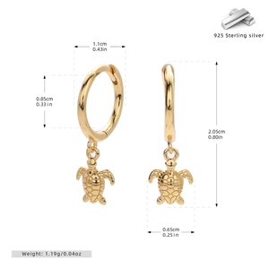 Detailed view of S925 sterling silver golden turtle hoop earrings with size measurements