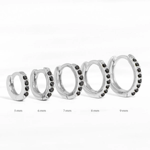 Size comparison of silver hoop earrings with black zircon stones from 5mm to 9mm