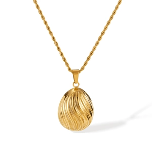 Golden stainless steel necklace with textured oval drop pendant on rope chain