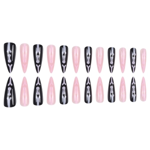 Halloween black and pink stiletto press-on nails with bone patterns, 24-piece set