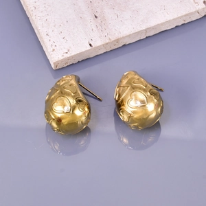 French vintage heart embossed gold teardrop earrings for women in stainless steel