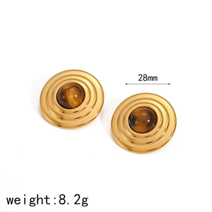 Golden 18k plated stainless steel round earrings with tiger eye stone, 28mm diameter