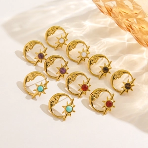 French Vintage Stainless Steel Octagram Star And Crescent Moon Stud Earrings With Natural Stone Inlaid 14K Gold Plated
