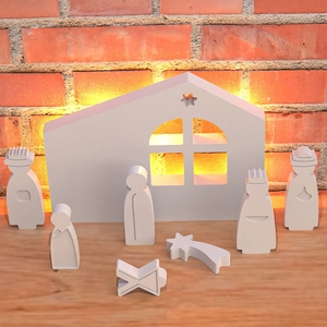 Belén minimalista blanco de 8 piezas con estrella y siluetas modernas decorativas