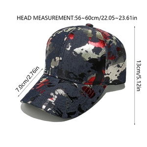 Detailed sizing chart for camouflage baseball cap with measurements in inches and centimeters