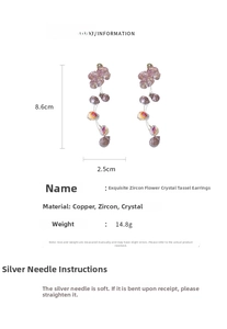 Detail showing dimensions of 8.6cm by 2.5cm for zircon flower crystal tassel earrings