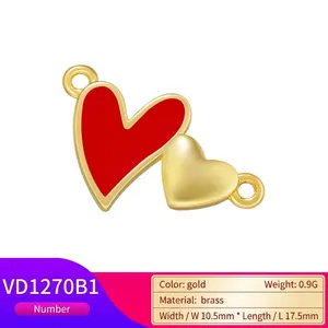 18K gold plated double heart pendant with red drip oil enamel for DIY jewelry
