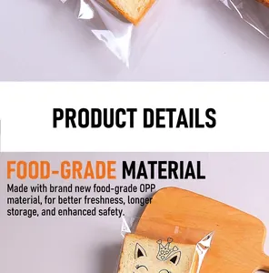 Close-up of food-grade OPP bread bags featuring cute cartoon cat patterns on a tray
