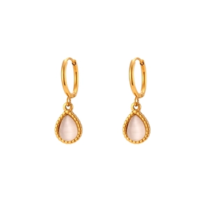 Golden stainless steel hoop earrings with pink teardrop cats eye stone in beaded frame