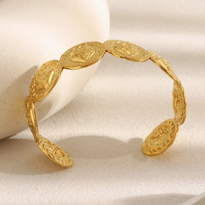 Jonc ouvert en acier inoxydable plaqué or 18K avec texture ronde en relief