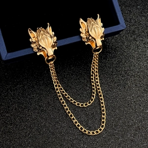 Vintage golden wolf head brooch with double layer chains for men suit lapel decor