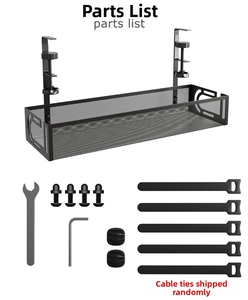 Detail view of black metal under desk cable tray with clamps and installation hardware kit