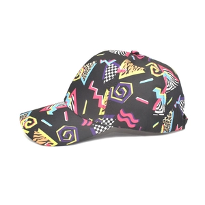 Side view of black baseball cap with retro 90s Memphis style neon geometric patterns
