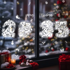 2025 Christmas window static stickers with Santa, snowman, and reindeer illustrations