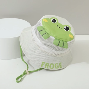 Detail of kids breathable mesh sun hat with cute frog patch and adjustable chin strap