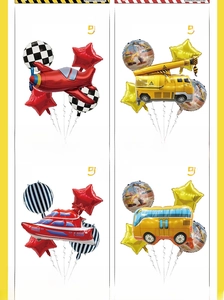 5-piece construction vehicle foil balloon set including crane and excavator styles