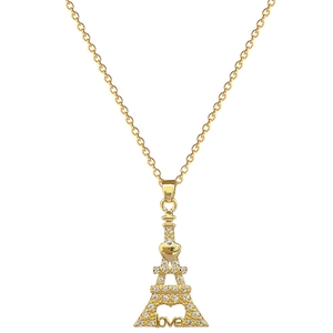 Eiffel Tower pendant necklace in gold stainless steel with sparkling heart and love engraving