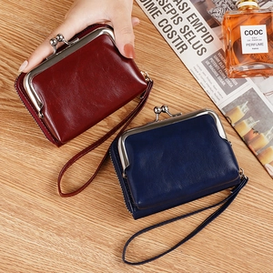 Women Retro PU Leather Wallet With Kiss Lock Metal Buckle Zipper Wrist Strap Card Slots Vintage Mini Coin Purse