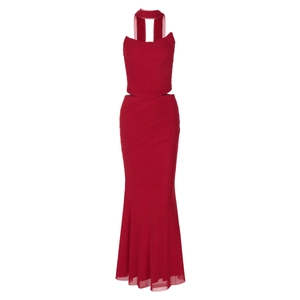 Detail of red mesh bodycon maxi dress featuring waist cut-out and layered pleated texture