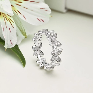 Close-up of S925 sterling silver ring with butterfly design and cubic zirconia crystals