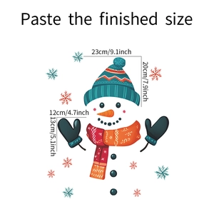 Detailed size guide for Christmas snowman fridge decals with hats and gloves dimensions