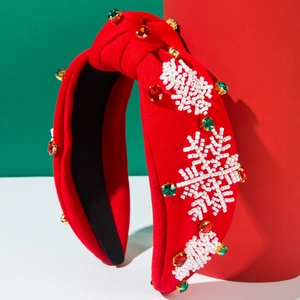 Handgefertigtes rotes Weihnachts-Haarband mit Perlen-Schneeflocken und Glitzersteinen