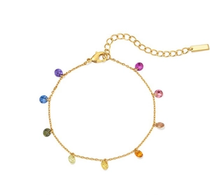 Detail of 18K gold-plated chain with colorful round gemstone charms and lobster clasp