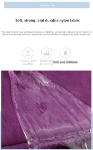 Detail showing water-resistant purple high-density nylon fabric with visible water droplets