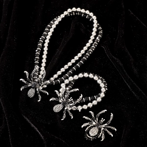 Detail of Gothic spider jewelry set with black rhinestones and beads on velvet