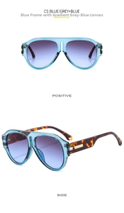 Front and side views of C5 oversized pilot sunglasses with blue frames and tortoiseshell temples