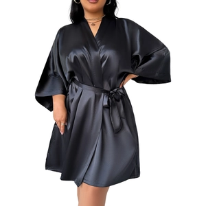 Elegant plus size black satin kimono bathrobe with waist tie for women loungewear
