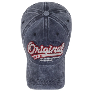 Vintage washed cotton baseball cap with red 3D embroidery on a structured curved brim