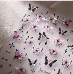Macro de stickers pour ongles papillon avec paillettes laser roses et motifs d'étoiles