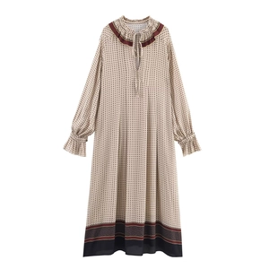 Women Long Sleeve Maxi Dress Geometric Floral Print Ruffle Stand Collar Tie Neck Vintage Elegant Boho