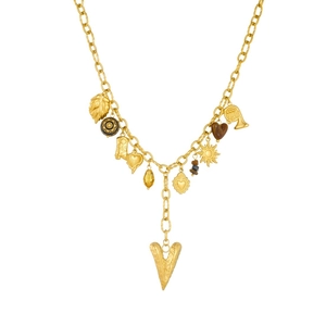 Gold stainless steel chain necklace with vintage heart sun and leaf charms pendants