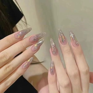 Press On Nails Cat Eye Star Design With Rhinestones Long Almond Fake Nail Patches For Women Sweet Elegant Sparkle