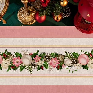 Detailed close-up of Christmas table runner fabric with festive floral patterns