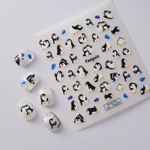 5D embossed penguin nail stickers with cute 3D cartoon designs and blue fish patterns