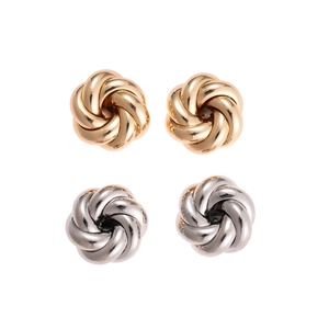 Minimalist knot flower stud earrings in polished gold and silver metal finishes