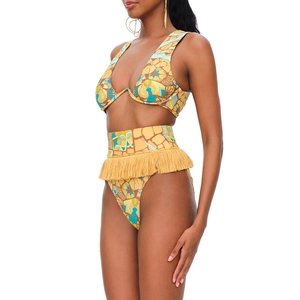 Detail of yellow mosaic print bikini with dynamic fringe waist and underwire support