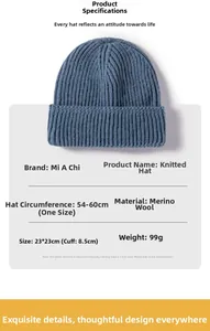 Detail of dark blue rib-knit beanie showing sheep cashmere texture and size specifications