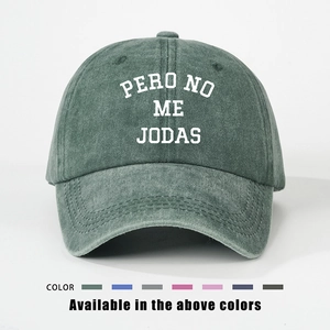 Vintage washed grey-green baseball cap with white PERO NO ME JODAS slogan print