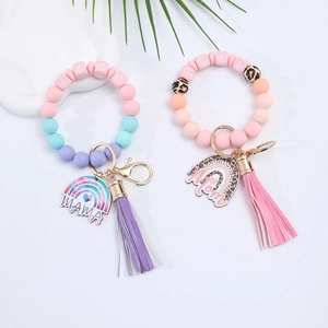 Silicone bead wristlet keychain with rainbow pendants, leather tassels and LOVE letters